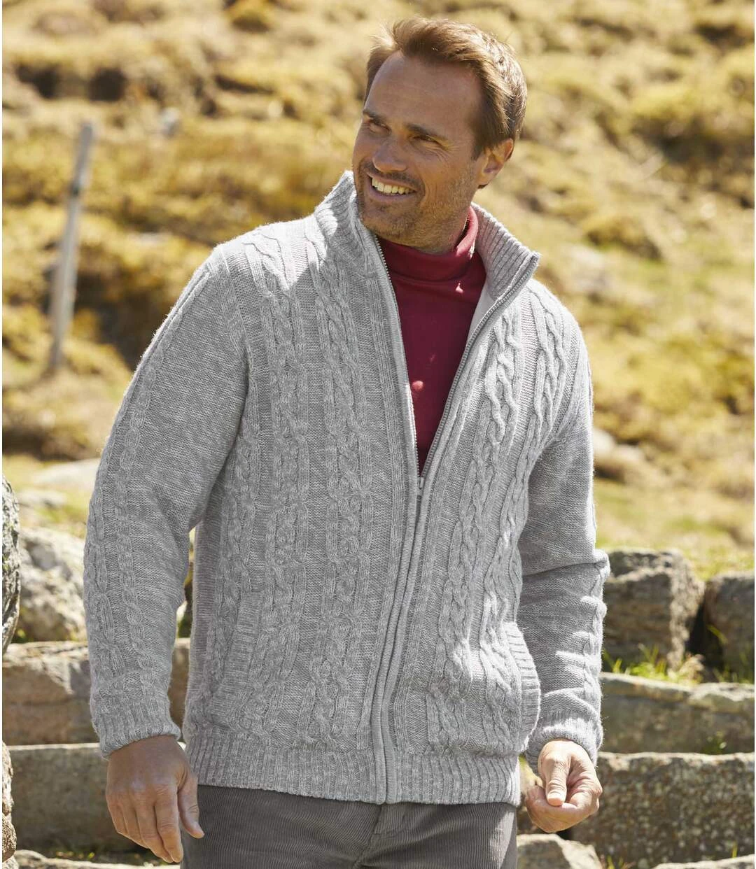 Men's Light Grey Fleece-Lined Knitted Jacket - Full Zip 4 Men's Light Grey Fleece-Lined Knitted Jacket - Full Zip - Image 2