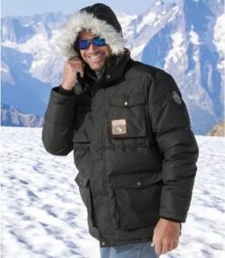 Men's Water-Repellent Parka With Faux-Fur Hood - Black -Featured Men'S Clothing Stores 1c46f6db12651009b6932190775da34c