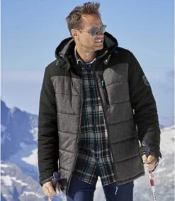 Men's Grey And Black Hooded Puffer Jacket - Water-Repellent