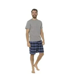 Foxbury Mens Jersey Checked Short Lounge Set (Grey Check)