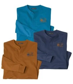 Pack Of 3 Men's Long Sleeve Henley Tops - Ochre Indigo Turquoise