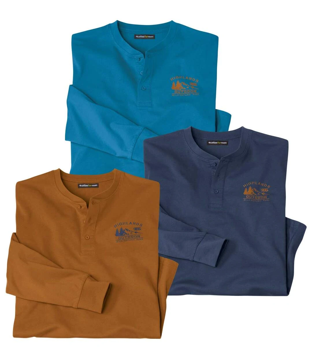 Pack Of 3 Men's Long Sleeve Henley Tops - Ochre Indigo Turquoise 3 Pack Of 3 Men's Long Sleeve Henley Tops - Ochre Indigo Turquoise