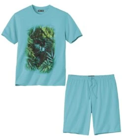 Men's Panther Print Pyjama Short Set - Turquoise