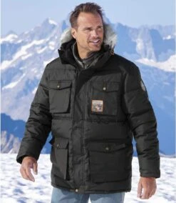 Men's Water-Repellent Parka With Faux-Fur Hood - Black