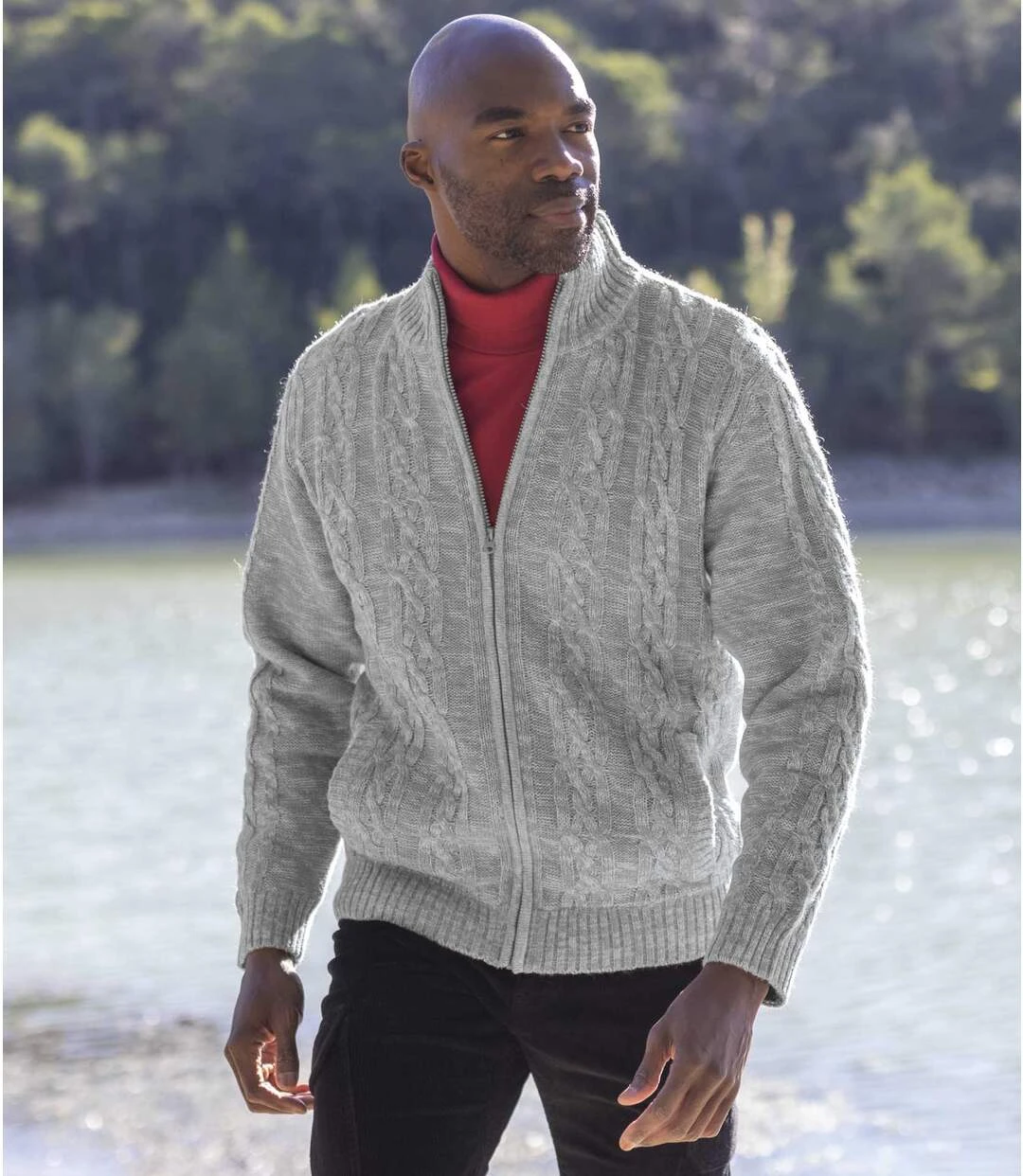 Men's Light Grey Fleece-Lined Knitted Jacket - Full Zip 7 Men's Light Grey Fleece-Lined Knitted Jacket - Full Zip - Image 5