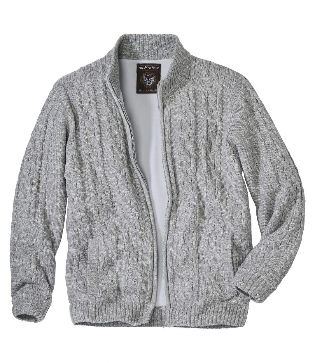 Men's Light Grey Fleece-Lined Knitted Jacket - Full Zip 6 Men's Light Grey Fleece-Lined Knitted Jacket - Full Zip - Image 4