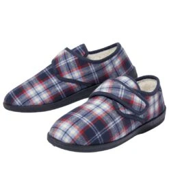 Men's Checked Sherpa-Lined Slippers - Navy Red