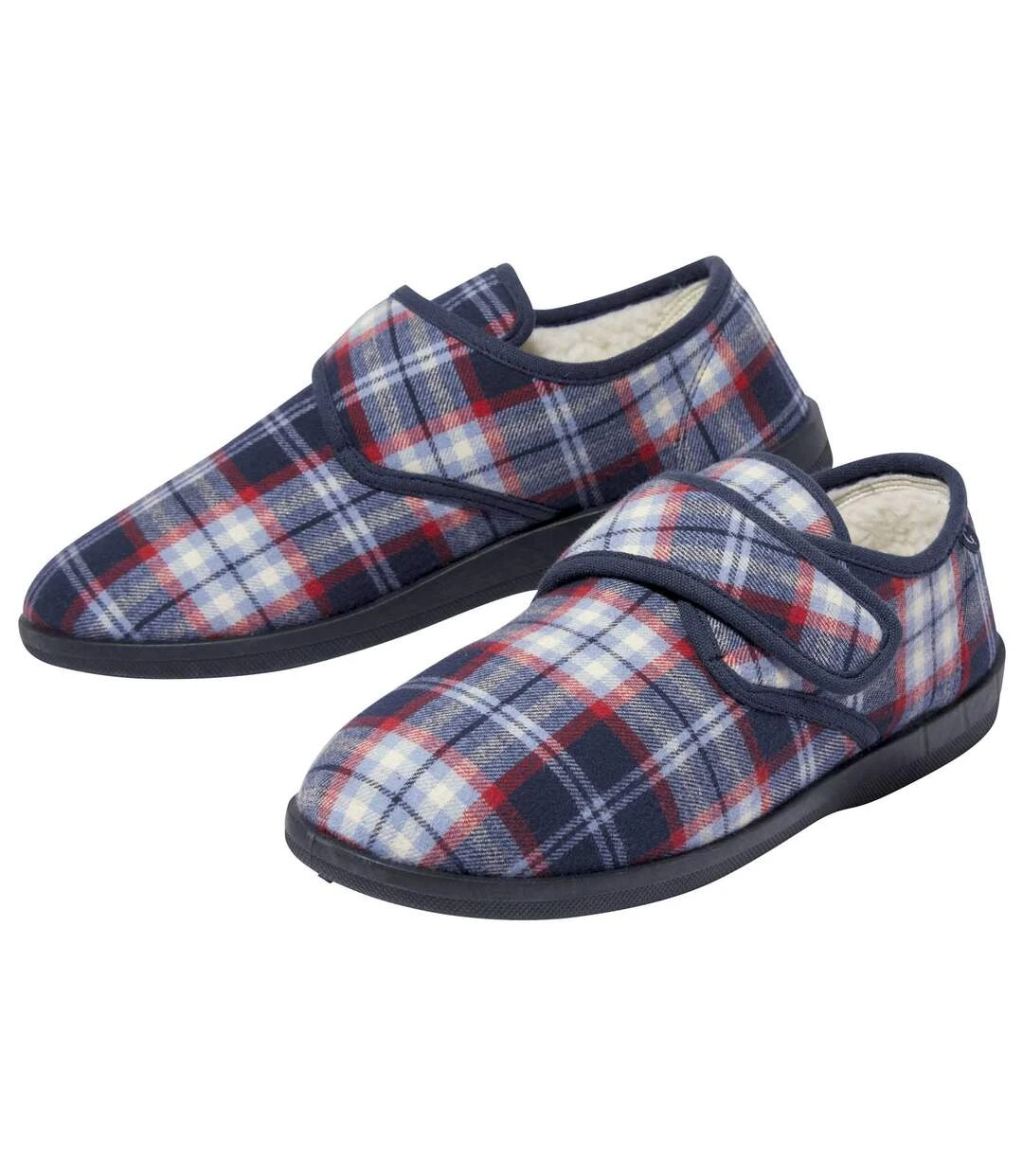 Men's Checked Sherpa-Lined Slippers - Navy Red 3 Men's Checked Sherpa-Lined Slippers - Navy Red