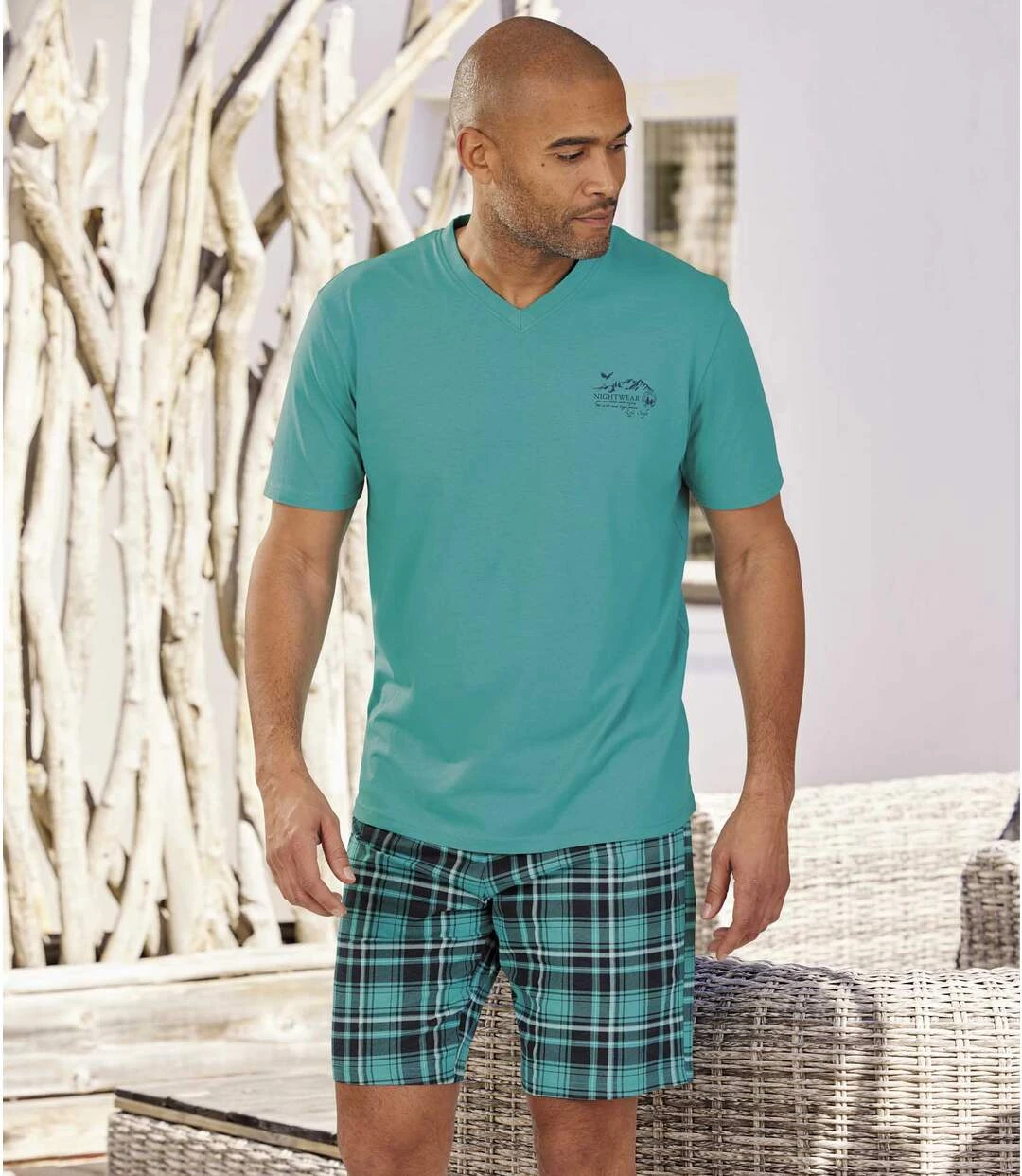 Men's Checked Pyjama Short Set - Turquoise 3 Men's Checked Pyjama Short Set - Turquoise