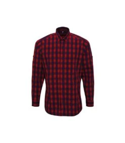Premier® Premier Mens Mulligan Checked Cotton Long-Sleeved Shirt (Red/Navy)