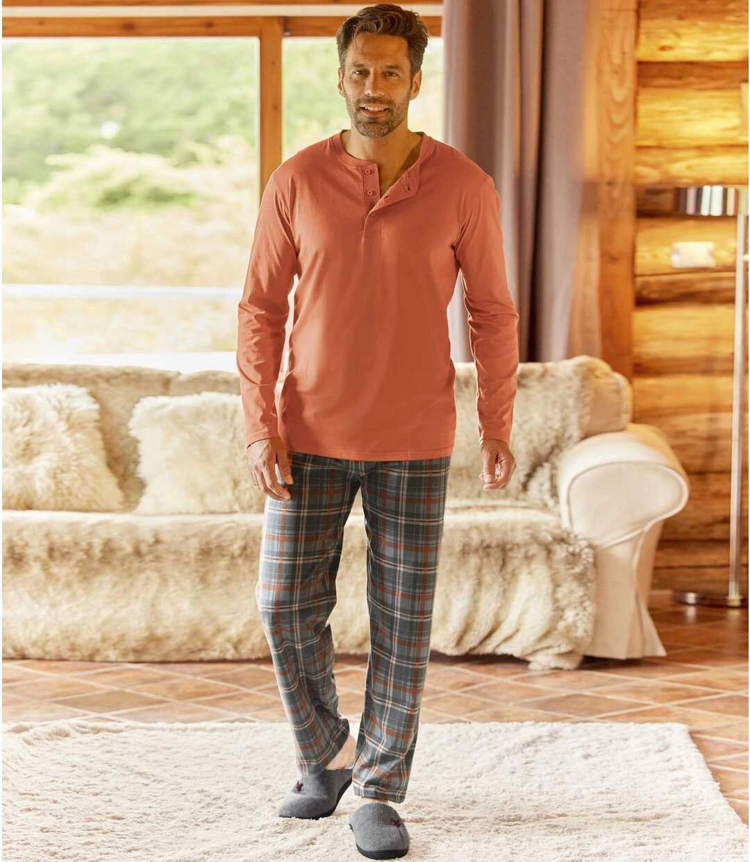 Men's Orange & Grey Checked Jersey Pyjamas 4 Men's Orange & Grey Checked Jersey Pyjamas - Image 2