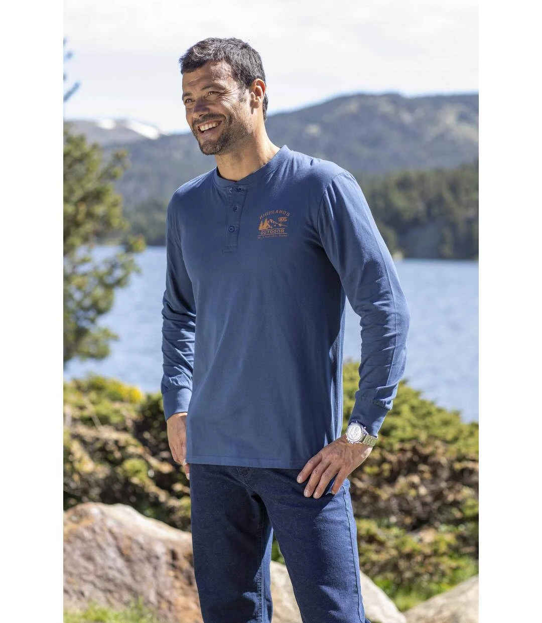 Pack Of 3 Men's Long Sleeve Henley Tops - Ochre Indigo Turquoise 5 Pack Of 3 Men's Long Sleeve Henley Tops - Ochre Indigo Turquoise - Image 3