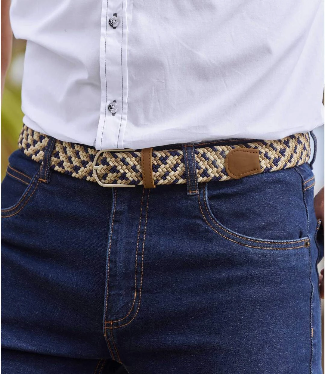 Men's Braided Belt - Beige Brown Navy 4 Men's Braided Belt - Beige Brown Navy - Image 2