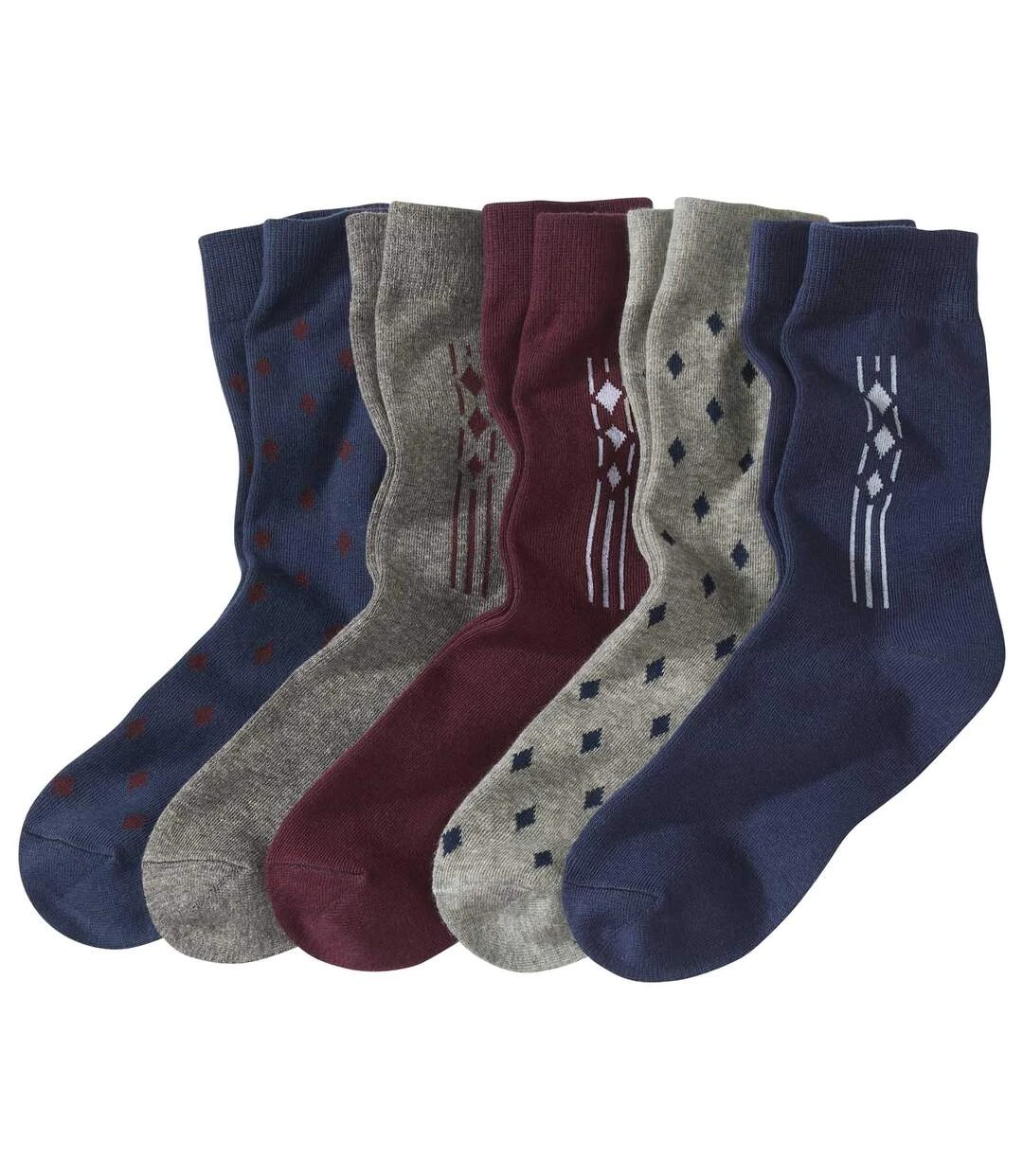 Pack Of 5 Pairs Of Patterned Men's Socks - Grey Navy Burgundy 3 Pack Of 5 Pairs Of Patterned Men's Socks - Grey Navy Burgundy