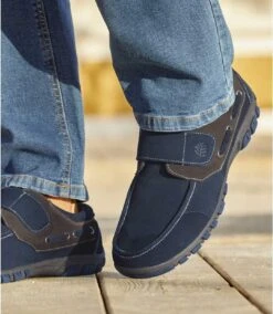 Men's Boat-Style Moccasins - Split Leather - Navy Brown -Featured Men'S Clothing Stores 925c7ec7c389bb382812673f9ab1a7b4