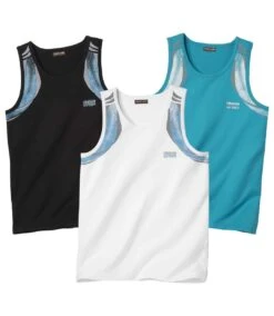 Pack Of 3 Men's Sporty Graphic Tank Tops - Black White Turquoise