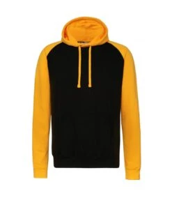 Awdis Just Hoods Adults Unisex Two Tone Hooded Baseball Sweatshirt/Hoodie (Jet Black/Gold)