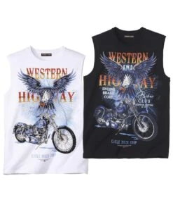 Pack Of 2 Men's Biker Print Tank Tops - White Black