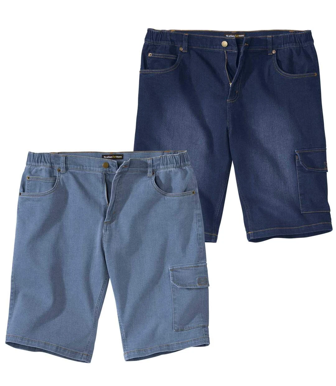 Pack Of 2 Men's Stretch Denim Cargo Shorts - Faded Light And Dark Blue 3 Pack Of 2 Men's Stretch Denim Cargo Shorts - Faded Light And Dark Blue