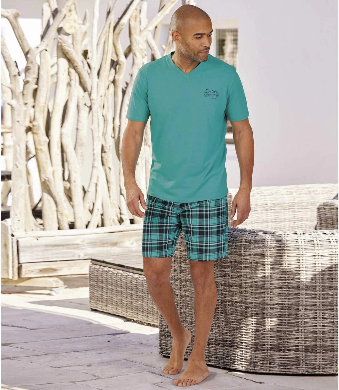 Men's Checked Pyjama Short Set - Turquoise 4 Men's Checked Pyjama Short Set - Turquoise - Image 2