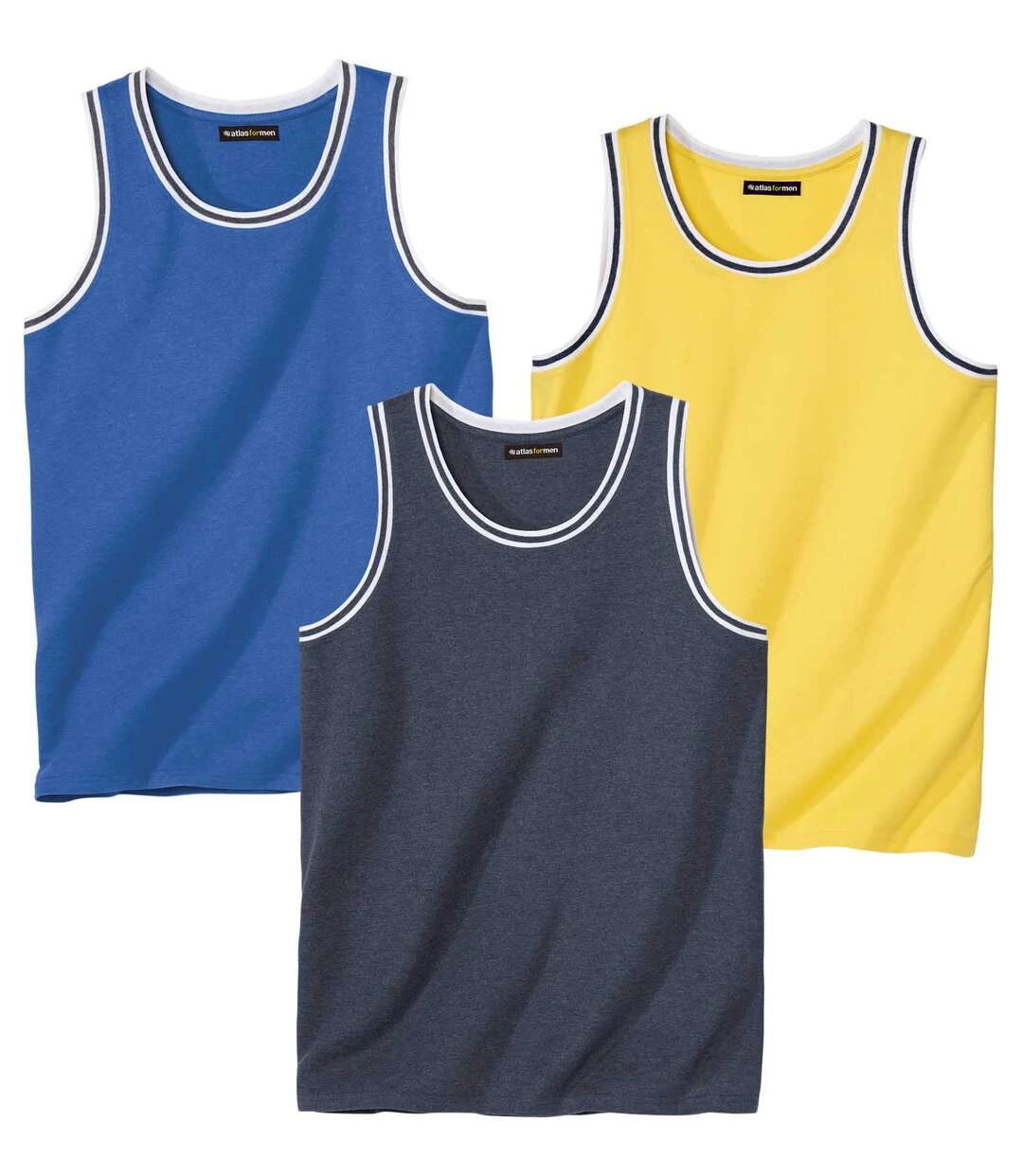 Pack Of 3 Men's Jersey Tank Tops - Blue Yellow Navy 3 Pack Of 3 Men's Jersey Tank Tops - Blue Yellow Navy