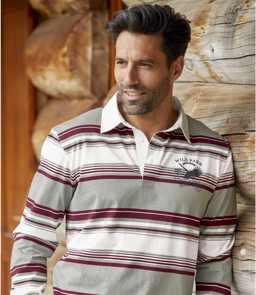 Men's Striped Eagle Print Polo Shirt - Grey Burgundy 5 Men's Striped Eagle Print Polo Shirt - Grey Burgundy - Image 3