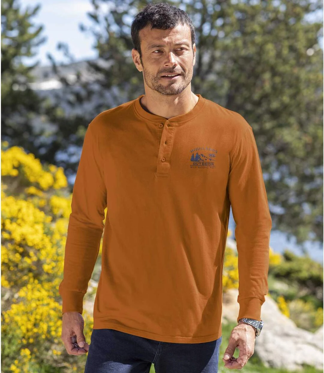 Pack Of 3 Men's Long Sleeve Henley Tops - Ochre Indigo Turquoise 4 Pack Of 3 Men's Long Sleeve Henley Tops - Ochre Indigo Turquoise - Image 2