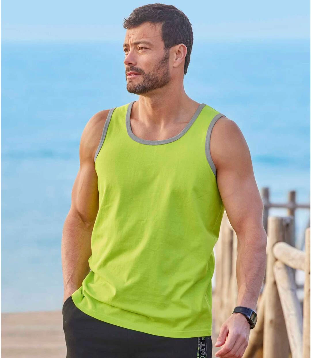 Pack Of 3 Men's Cotton Tank Tops - Black Lime Green Blue 7 Pack Of 3 Men's Cotton Tank Tops - Black Lime Green Blue - Image 5