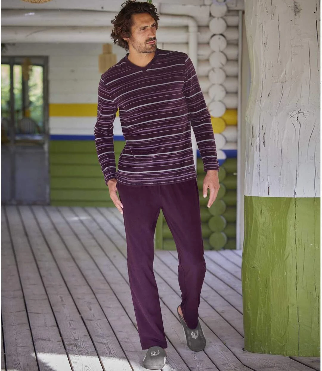 Men's Striped Microfleece Pyjamas - Plum 4 Men's Striped Microfleece Pyjamas - Plum - Image 2