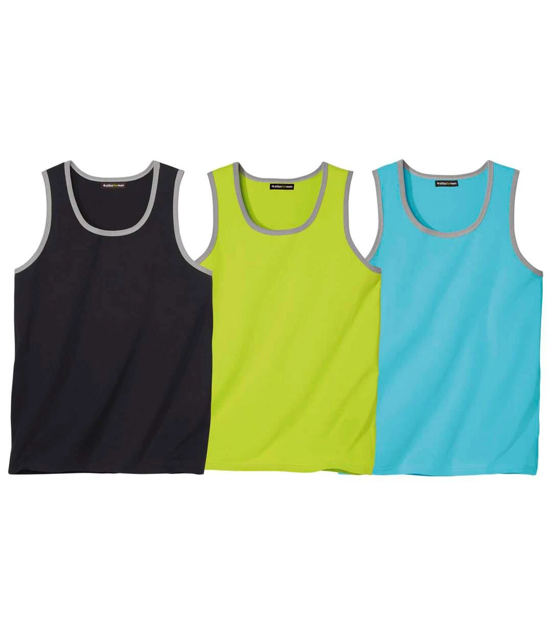 Pack Of 3 Men's Cotton Tank Tops - Black Lime Green Blue 3 Pack Of 3 Men's Cotton Tank Tops - Black Lime Green Blue